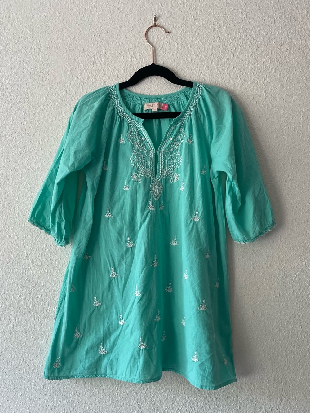 Pink Chicken Girls 6Y Aqua Embroidered Tunic Dress Boho Coverup Cotton India